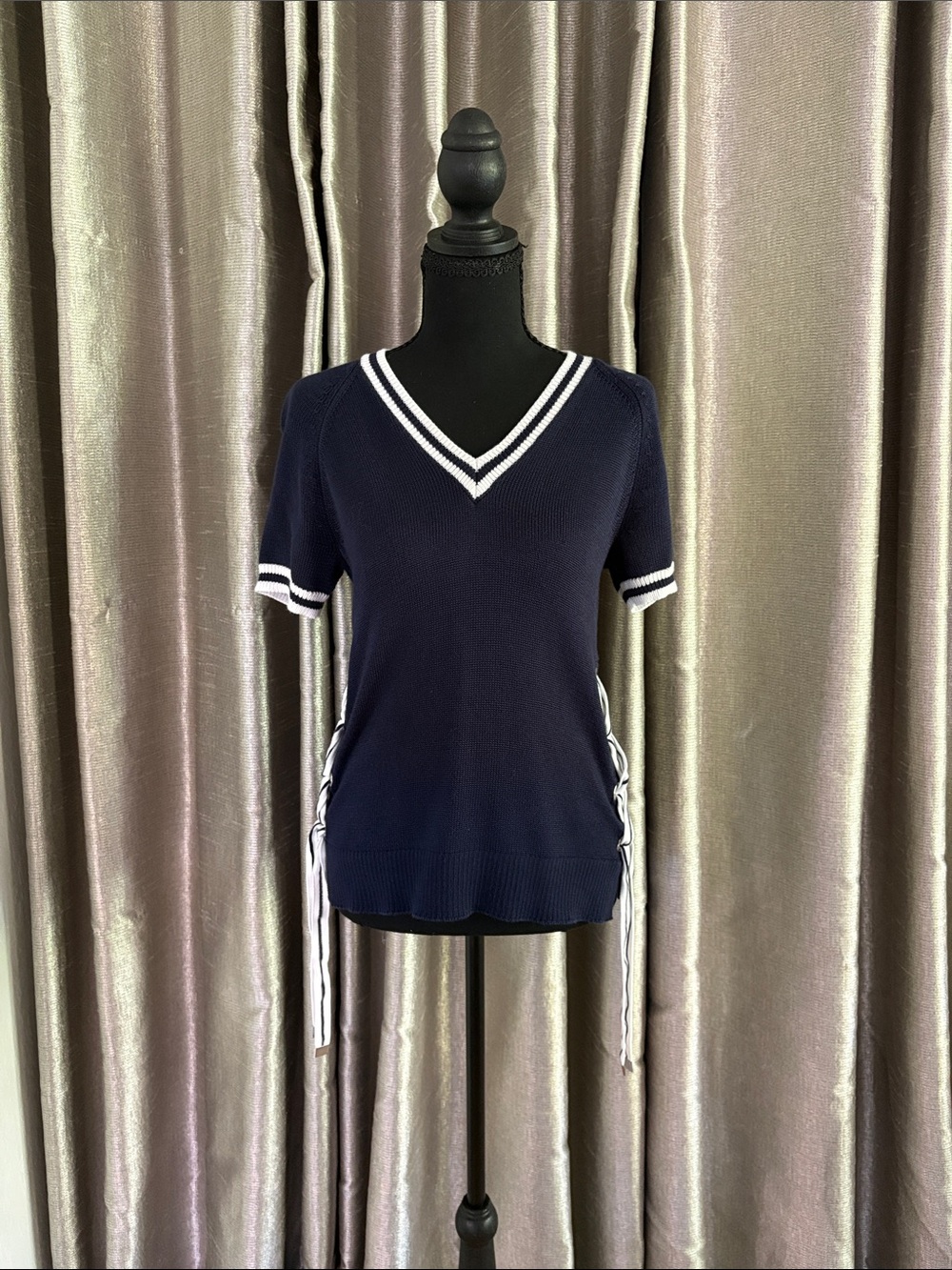 Lauren Ralph Lauren Navy V-Neck Short Sleeve Sweater with White Trim